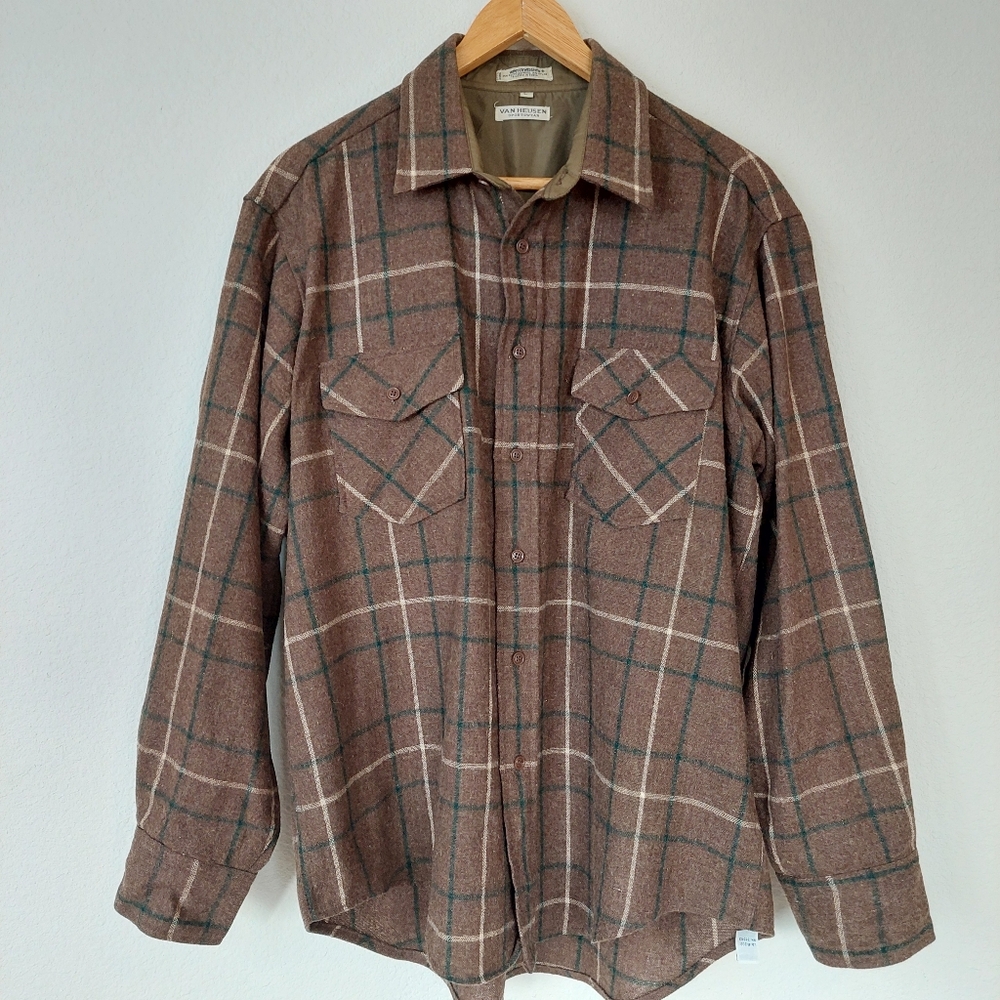 Vintage Van Heusen Sportswear Plaid Wool Shacket Flannel Shirt Size Large